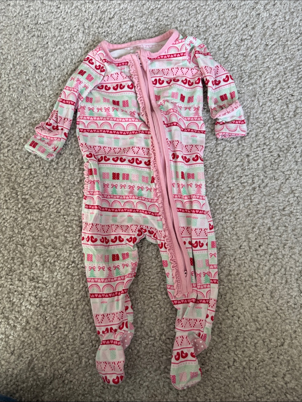 Rufflebutts - Soft Snooze Christmas Pink Patterned Baby One-Piece Sleeper
